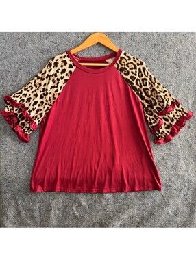 Womens XL 2X Leopard Ruffle Sleeve Top Burgundy Raglan Blouse Plus Size Fall